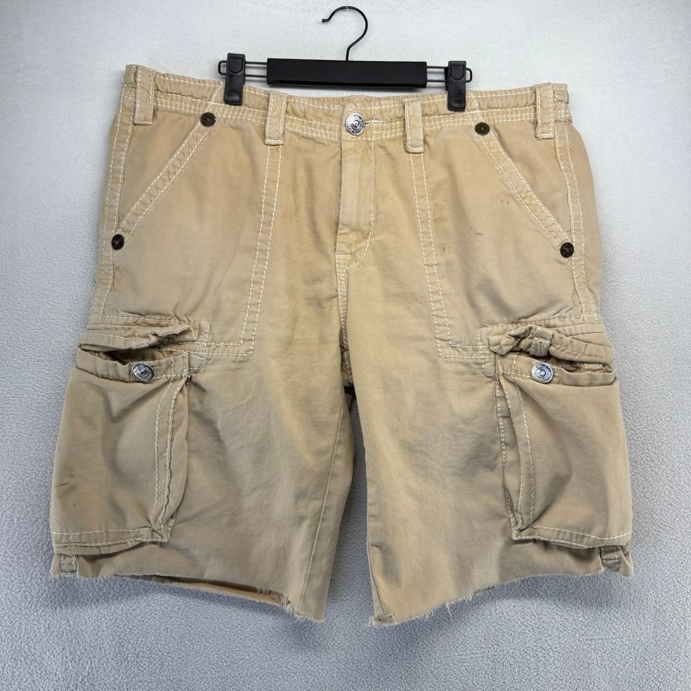 True Religion Cargo Shorts Mens 38 Tan Ricky Super Big T Stitch Baggy Distressed